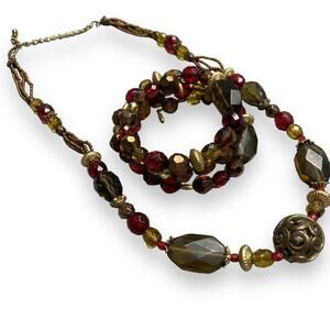 Gold and Burgundy Necklace and Bracelet Set
